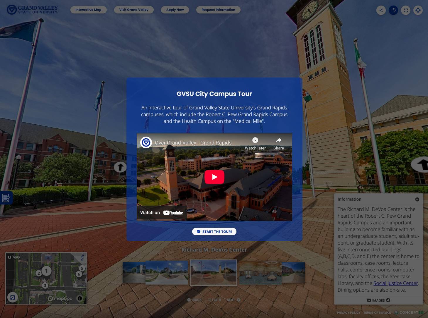 Virtual campus tour of Grand Valley's Robert C. Pew Grand Rapids campuses.